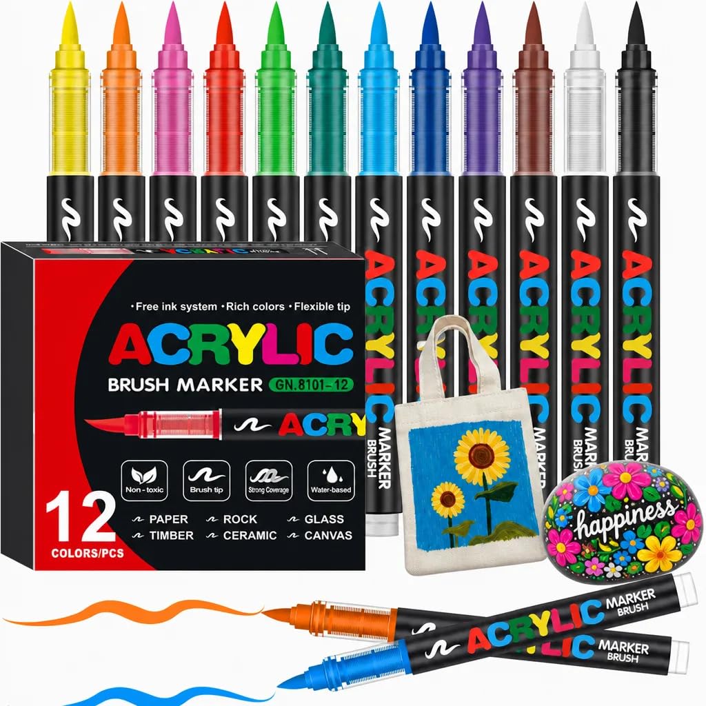 12 Colores Rotuladores Acrílicos, Marcadores Rotuladores de Colores para Pintar en Piedra, Cerámica, Madera, Tela, Lienzo, Vidrio y Metal - Permanentes, Base Agua, Secado Rápido(12 colors)