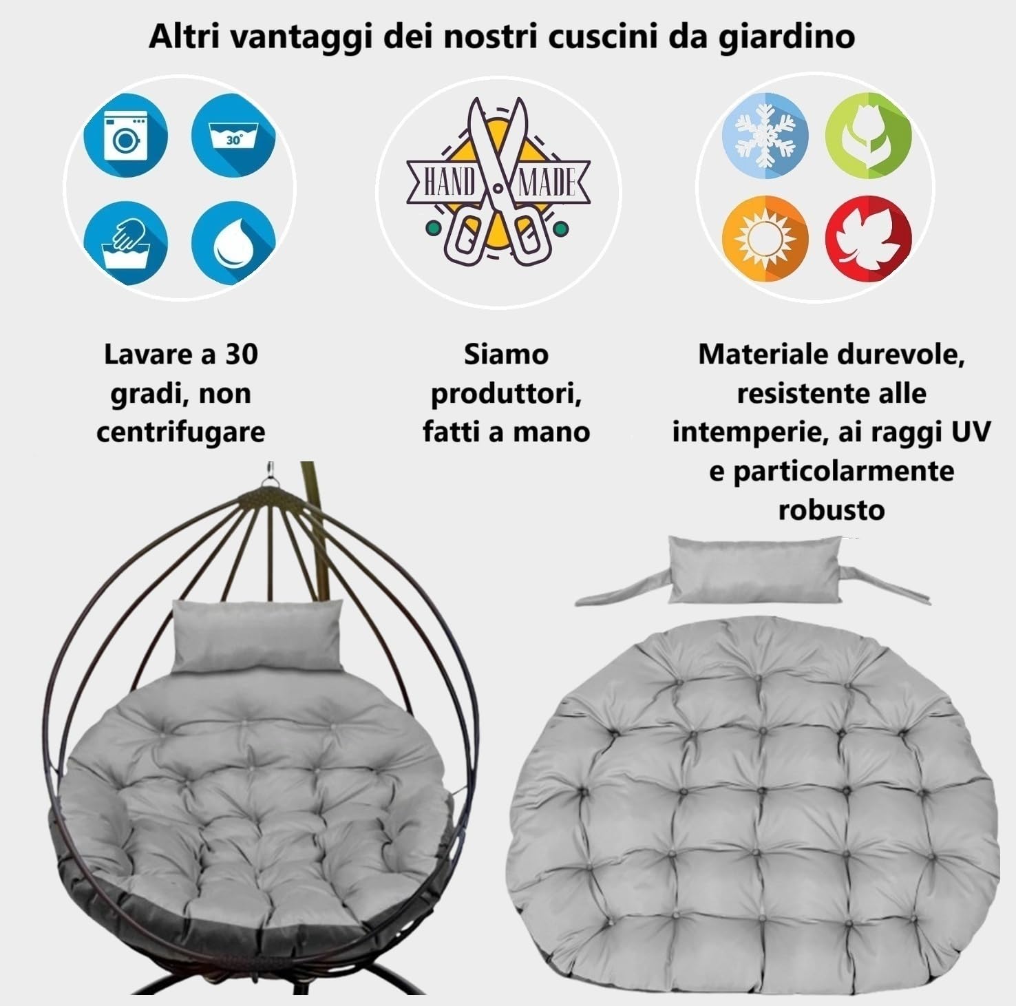 Cuscino imbottito per poltrona sospesa da giardino, con poggiatesta imbottito in polyrattan, imbottitura trapuntata, facile da pulire, impermeabile