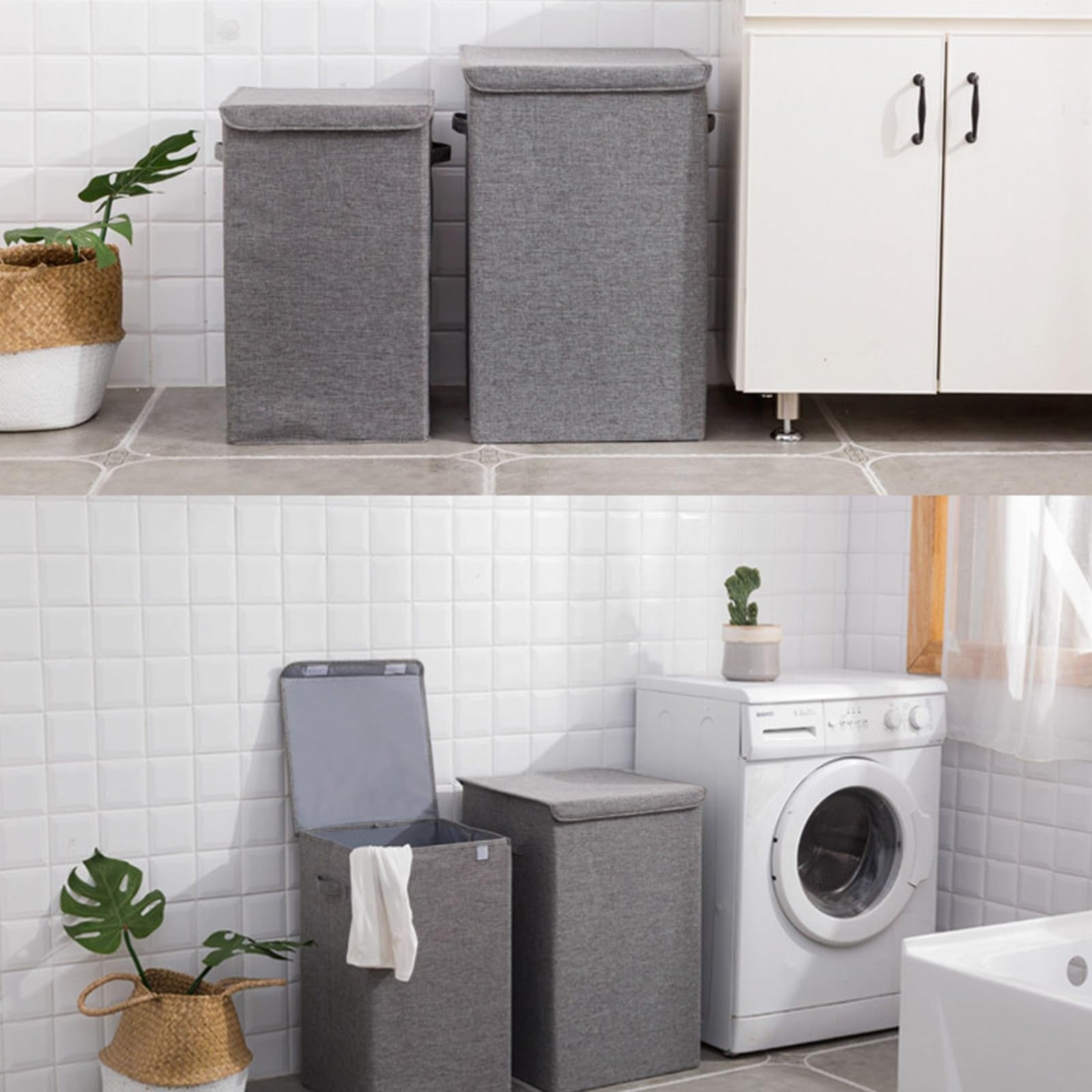 Generisch Großer Wäschekorb aus Baumwollleinen – Faltbarer Wäschekorb mit waschbarer PP-Platte, freistehendes Design, verstärkter Tragegriff, Perfekter Wäsche-Organizer für Zuhause und im Wohnheim