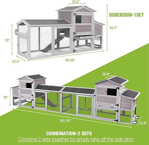 Miniatura 6 de GUTINNEEN Gallinero móvil de 80 pulgadas con jaula portátil de madera para aves de corral con caja de anidación, conejera con ruedas, movible
