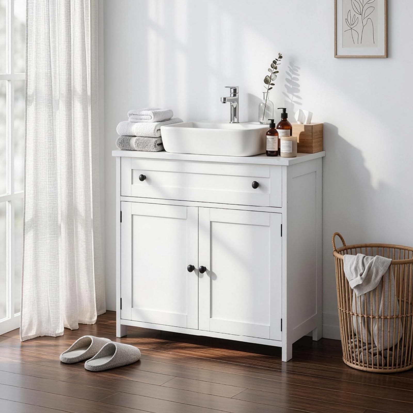 Bonnlo White Under Sink Bathroom Cabinet - 60cm Bathroom Sink Cabinet with Drawer & 2 Doors, Under Sink Storage Unit for Bathroom