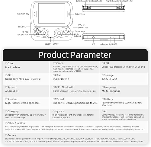 Miniatura 8 de RG Slide - Consola de juegos de mano retro, pantalla LTPS de 4.7 pulgadas, joystick capacitivo Android 13, soporte de sistema AI Assistant 5G, WiFi,