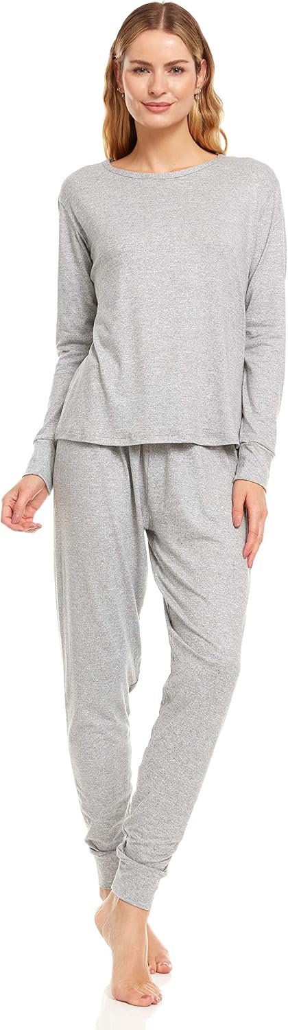 Essential Elements Woman’s Stretch Double Brushed Sleepwear Lounge Pajama Crew Neck Long Sleeve Top and Pants Set