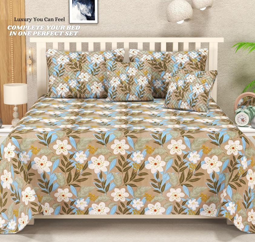 Image of HOMEKART 220 TC Glace Cotton 5 Pc Bedding Set- 1 Double Bedsheet, 2 Quilted Cushion Covers with Zip & 2 Pillow Covers- Soft, Durable & Luxury Feel, 90x100 in -Beige