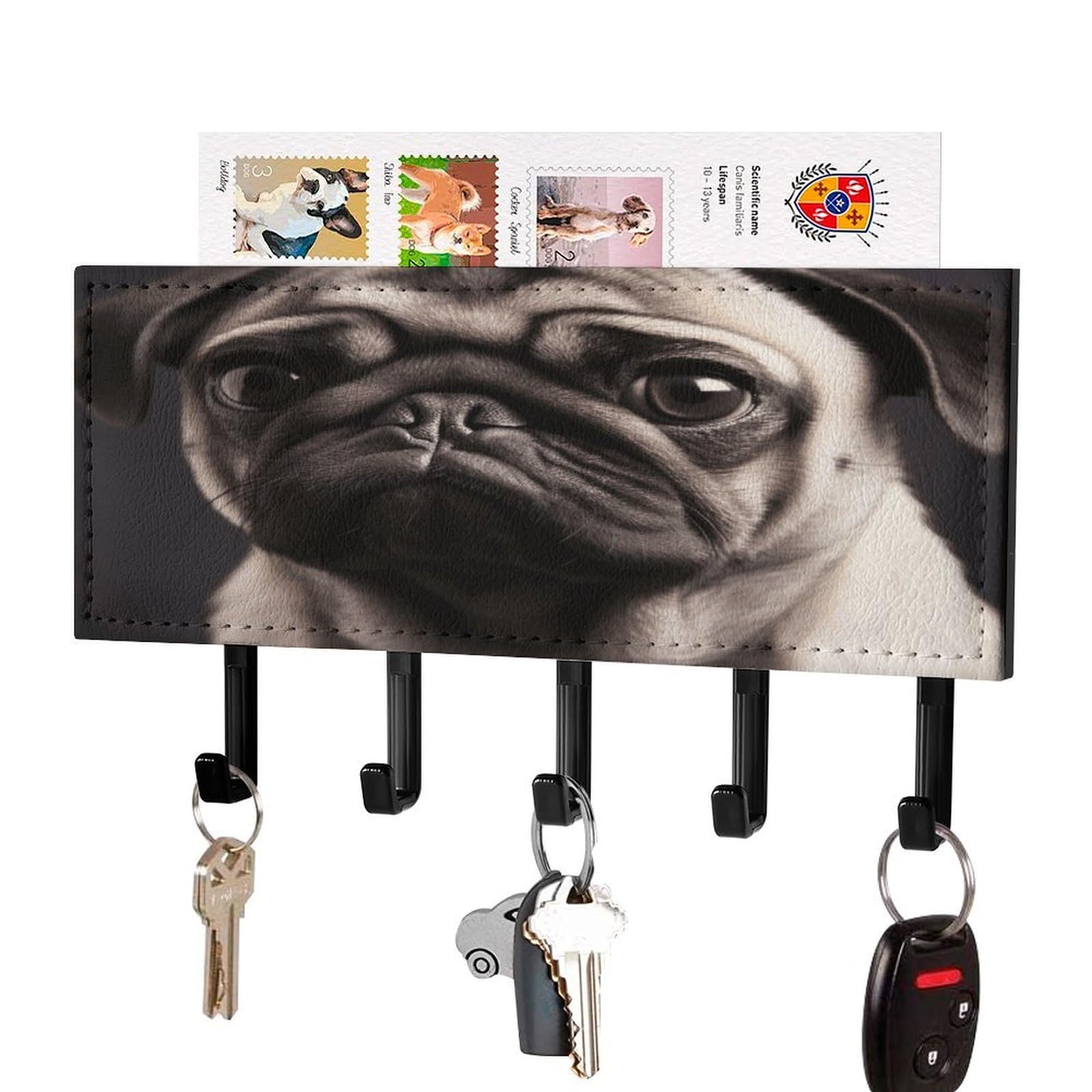 Vstadank Black-Style Pug Key Holder For Wall Decorative Mail Organizer Exquisite Coat Rack Pu Wall Mount Adhesive Keys Rack With Tray&5 Key Hook For Door Hallway Entryway Decor
