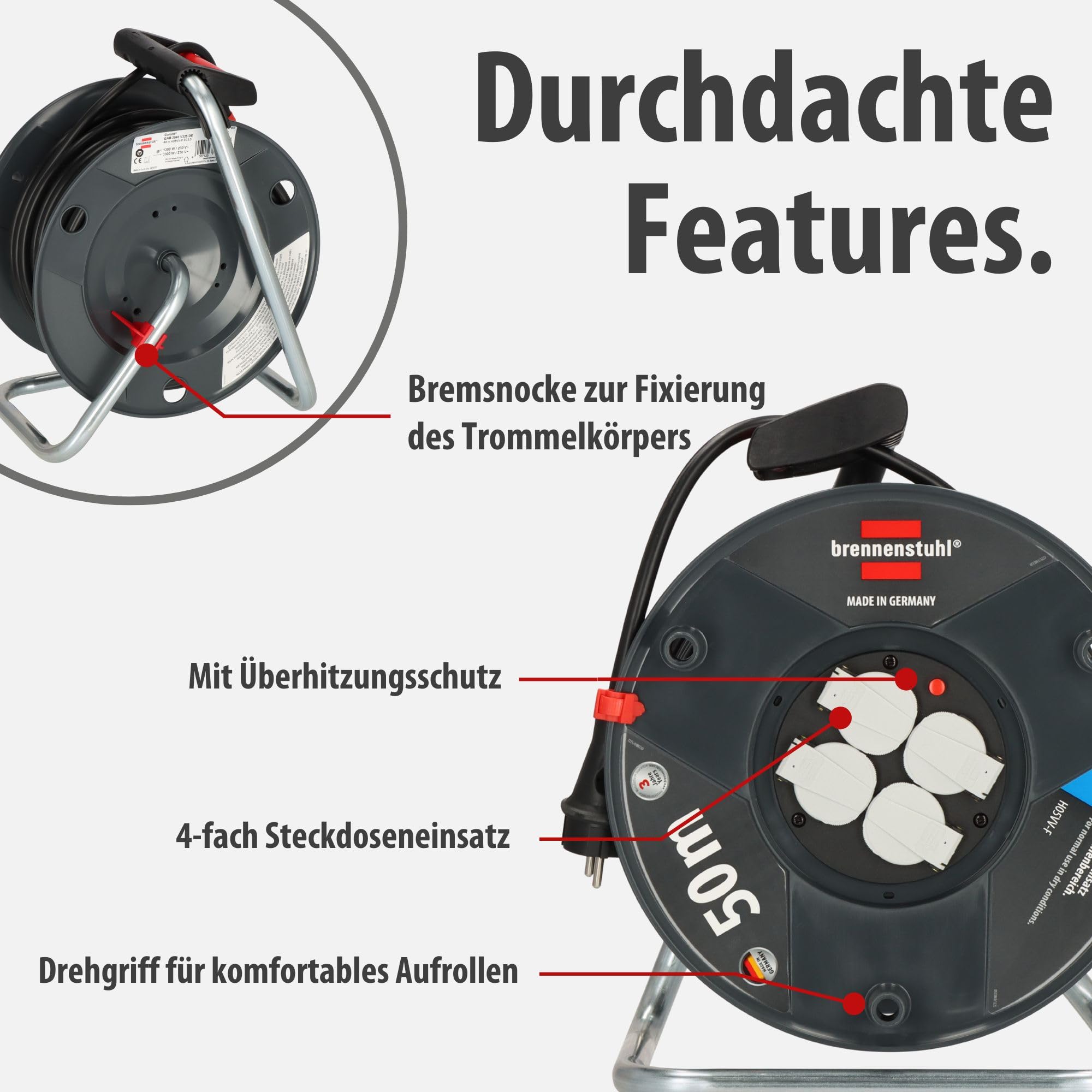 Brennenstuhl Garant V2 Kabeltrommel 50m Kabel (Made in Germany, 4 Schutzkontakt-Steckdosen, Überhitzungsschutz, Trommelkörper aus Spezialkunststoff)