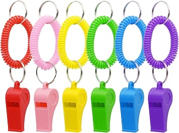 PENTA ANGEL Sport Whistle with Bracelet 6pcs Loud Clear Plastic Whistles with Stretchable Coil Wrist Keychain Ring for Coaches Referees Soccer Christmas Party Gift Survival Emergency Training