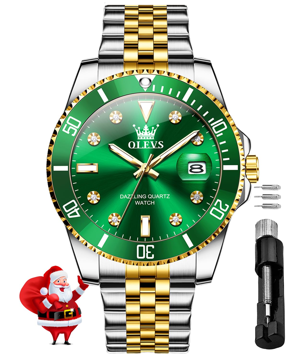 OLEVS Mens Wrist Watch Chain Diamond Luxury Dress Green Large Dial Waterproof Stainless Steel Watch Date (B0DDT9TCKD) Amazon Price History, Amazon Price Tracker
