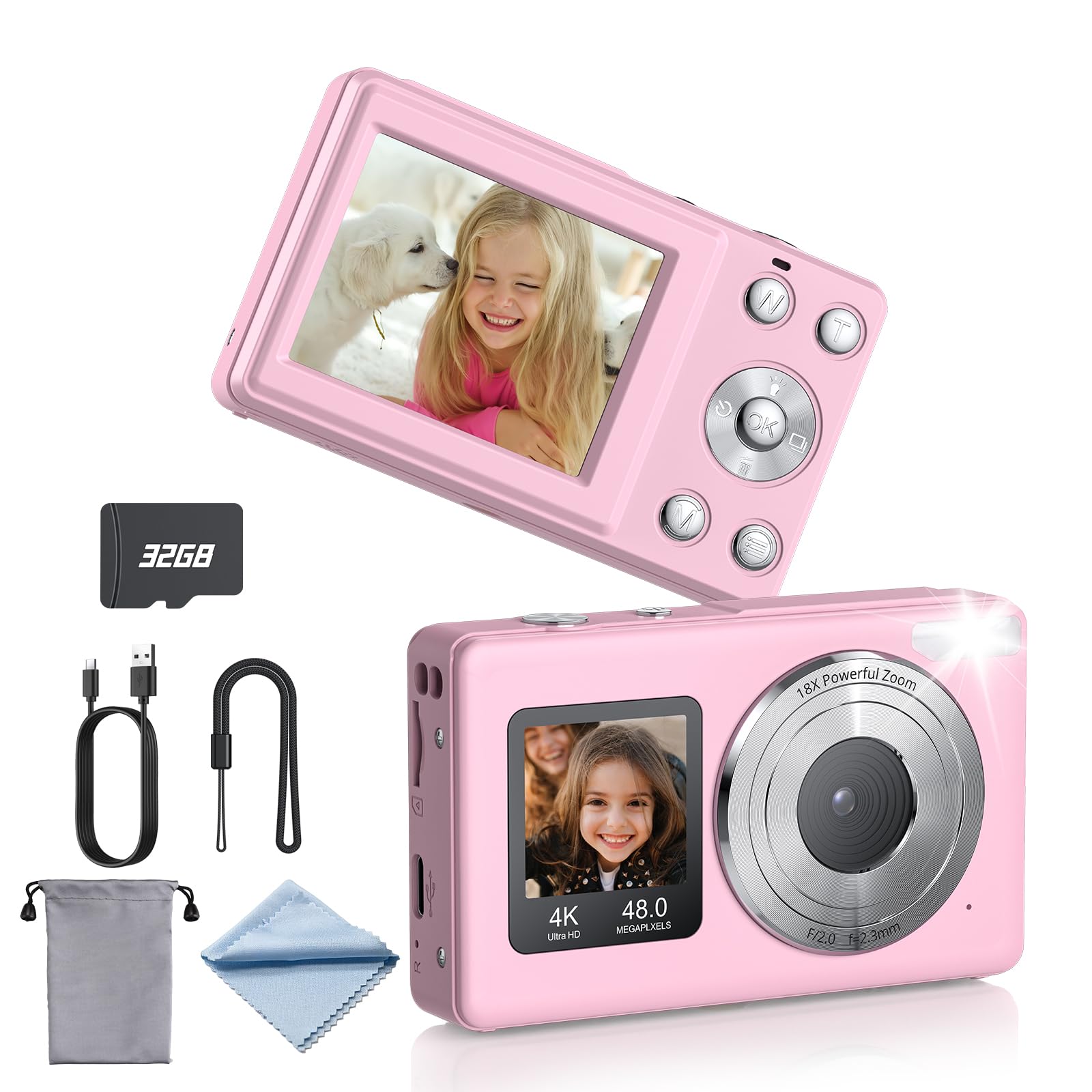 eSynic Cámara Fotos Infantil 4K 48MP con Tarjeta SD 32G, Zoom Digital 18X, Pantalla Dual para Selfies, Cámara Digital Compacta y Portátil para Niños y Principiantes, Ideal para Vlogging y Fotos