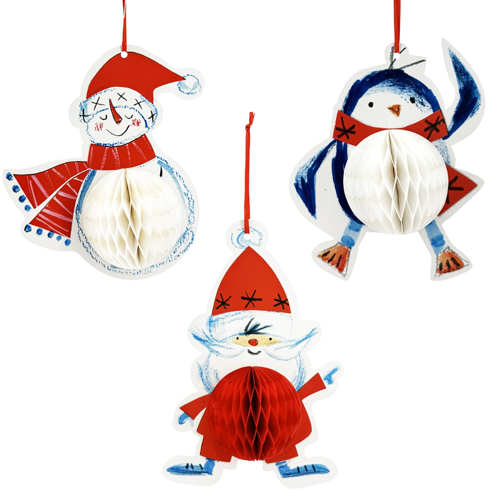 Fassory 3 Pcs Honeycomb Christmas Paper Decorations, Santa Snowman Penguin Christmas Ornaments Hanging Decorations Reusable (Medium Nordic - 3 Pcs)