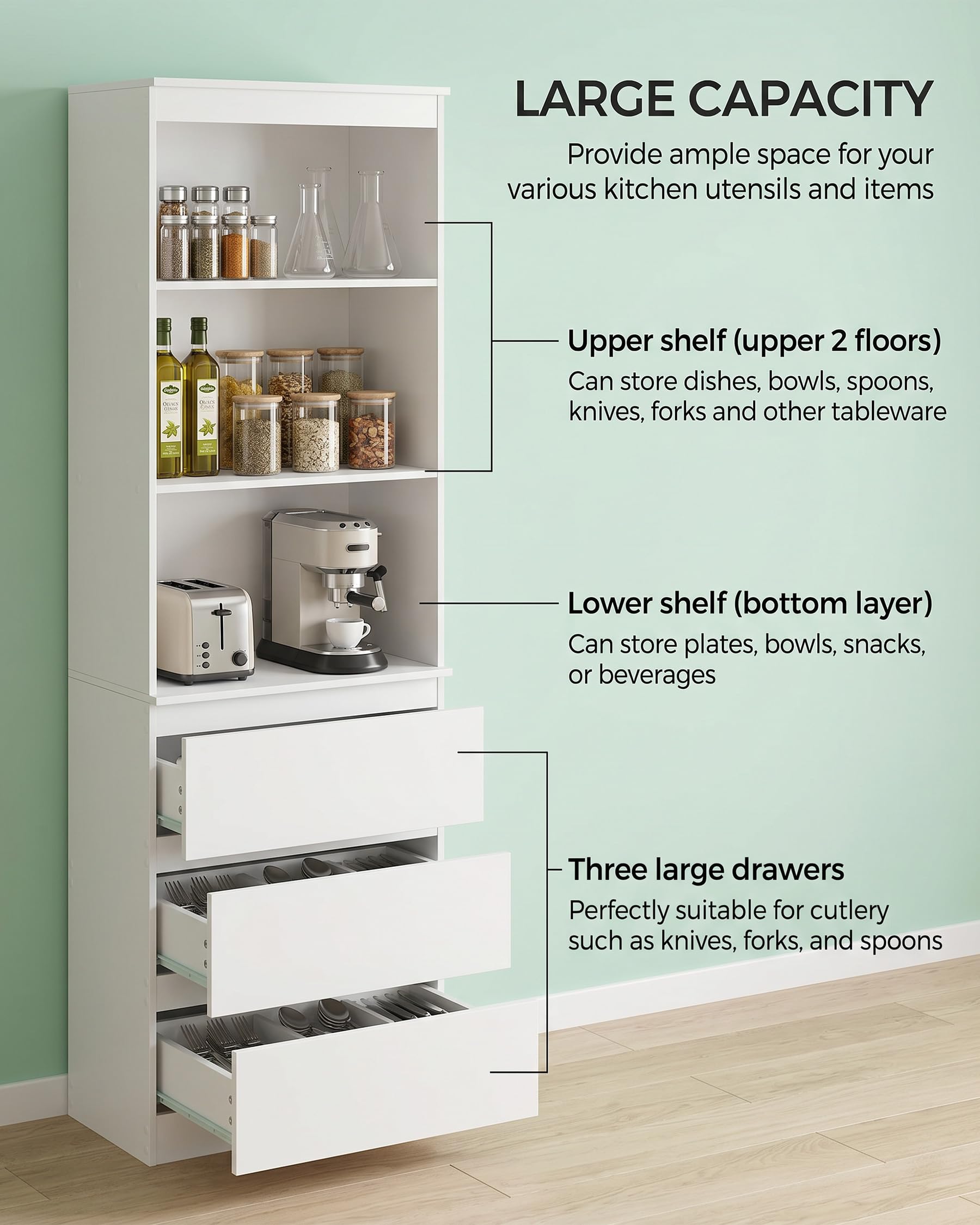 Mobile Cucina 180cm Alto 60cm Largo Credenza Soggiorno con Cassetti Armadio Salvaspazio Mobile Bianco