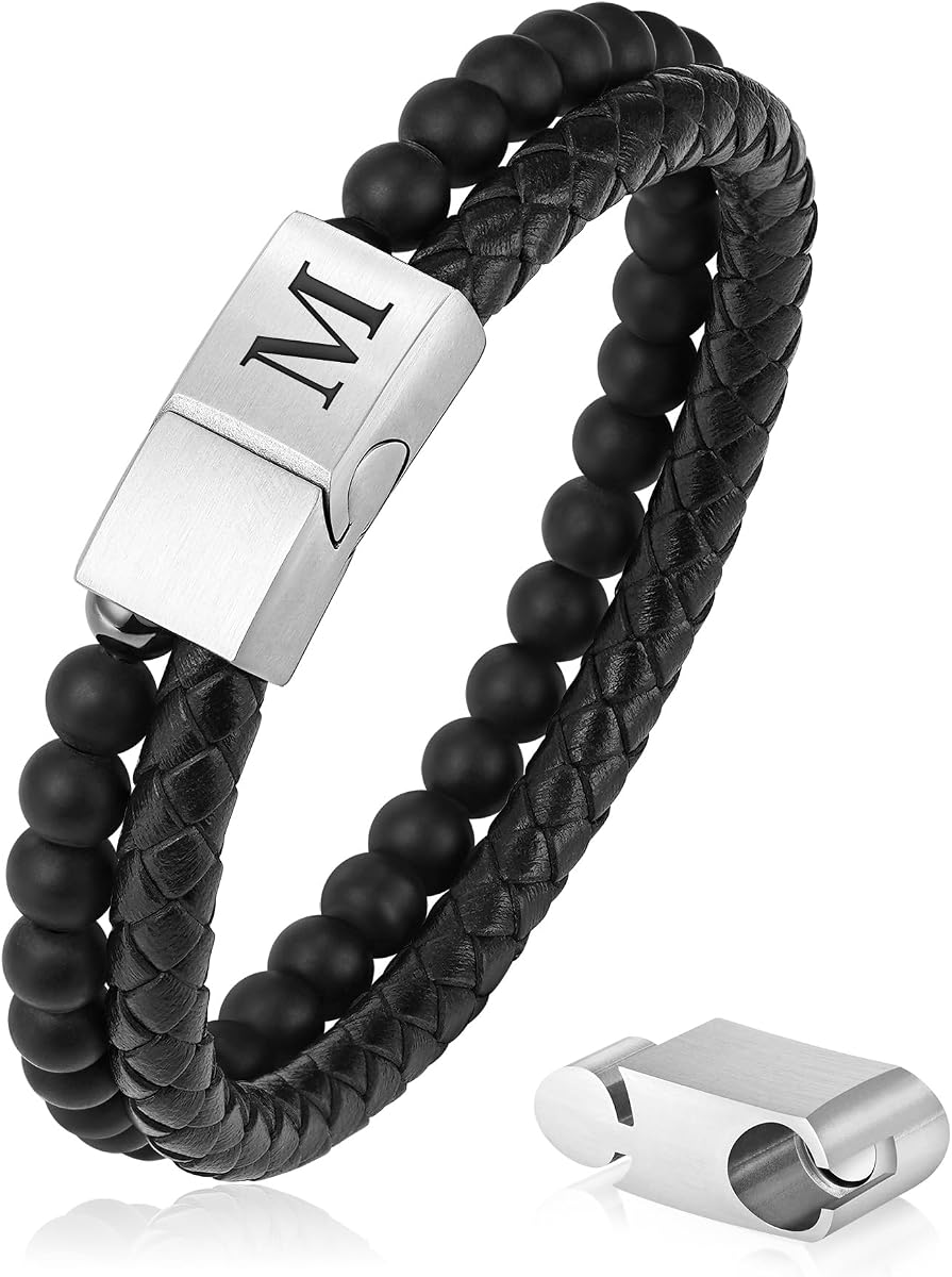 Regalos para hombres - Pulsera para hombre, pulsera con inicial de cuero con cuentas, pulseras hechas a mano con piedra de ágata mate de 6 mm, cierre magnético ajustable de acero inoxidable, regalos de joyería para hombre