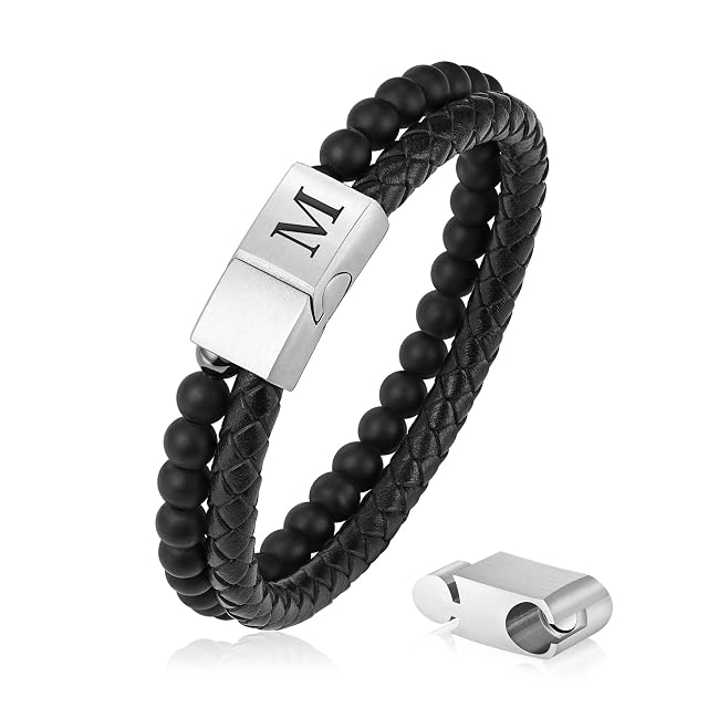 LUXEJEW Gifts for Men - Mens Bracelet Beaded Leather Initial Bracelet 6mm Matte Agate Stone Handmade Bracelets Adjustable