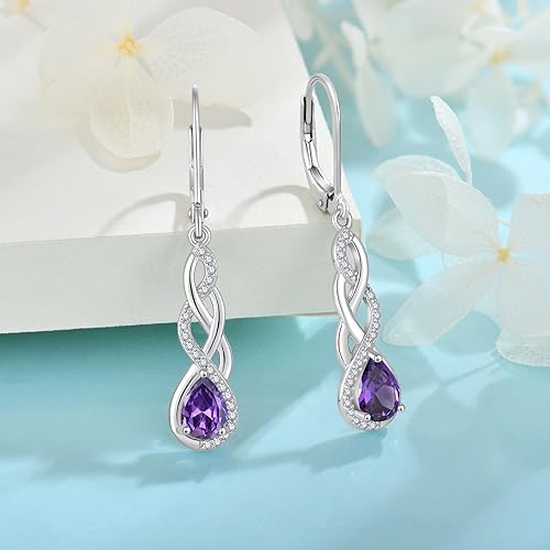 Miniatura 4 de Inpasne Aretes de plata de ley 925 con cierre de palanca infinito, aretes colgantes con forma de lágrima, aretes de piedra natal, joyería trenzada