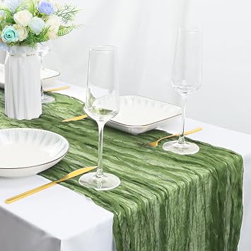 4 Pack 10FT Army Green Table Runner, Boho Cheesecloth Table Runner, 120 Inch Long, Semi Sheer Gauze Fabric Runners for Wedding Birthday Baby Shower Party Table Decoration Home Decor
