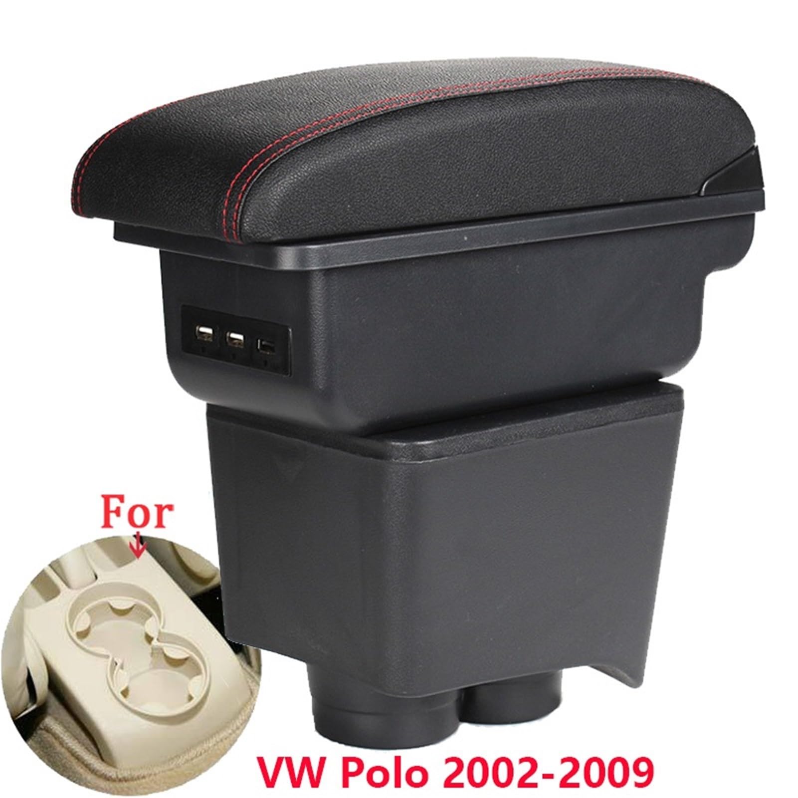 Bandeja de Silicona para Consola Reposabrazos compatible con Volkswagen Polo 9N3, caja de almacenamiento para reposabrazos de coche (2002-2009), accesorios interiores USB.(B1 Black red 3USB)