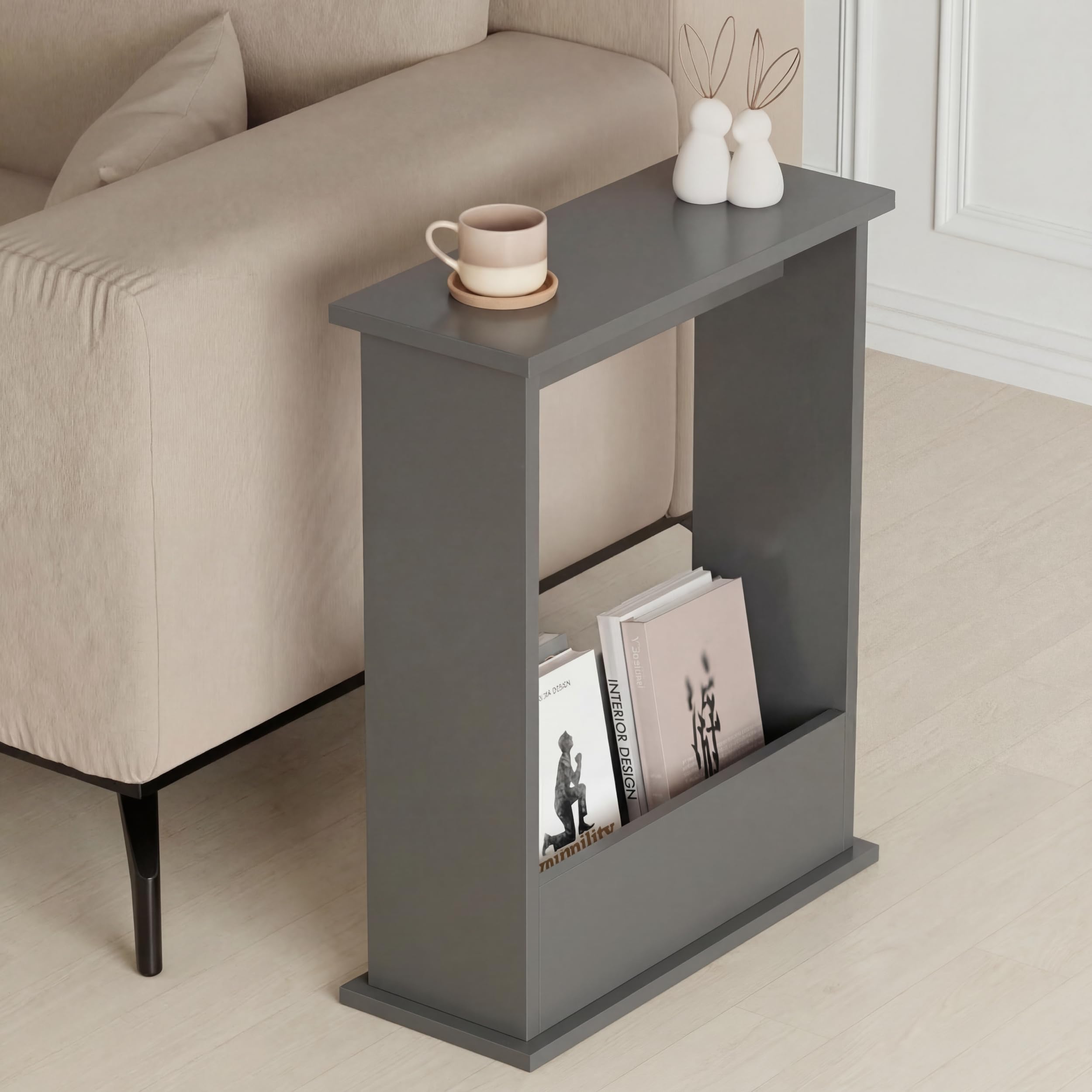Blisswood Grey Side Table, Slim Side Table with Magazine Rack, Modern Small Sofa End Tables for Living Room and Office, Narrow Bedside Tables for Bedroom, Study (55 x 45 x 18 cm) — image 1