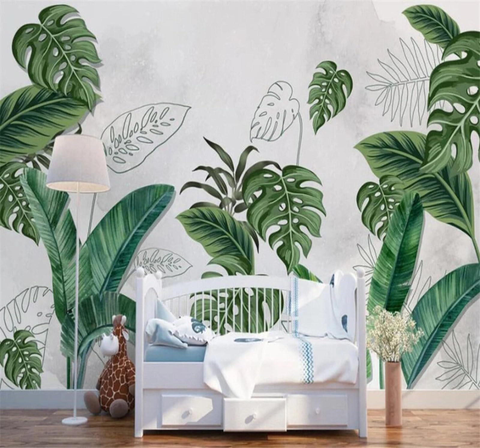 Fresh Plants Hand Drawn Tropical Leaves 3D Wallpaper Easy Install Feature Office Living Room Sofa Bedroom TV Background Wall Decoration-400cm×280cm