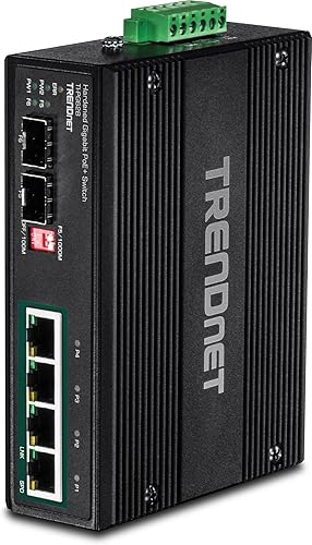 Miniatura 1 de TRENDnet Interruptor industrial Gigabit PoE+ de carril DIN de 6 puertos, 12-56V, relé de alarma, 2 ranuras SFP dedicadas, carcasa con clasificación