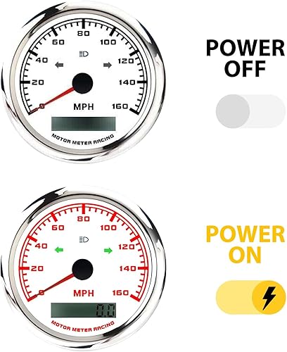 MOTOR METER RACING W Pro 3.346in 3-38" GPS Velocímetro digital con señal de giro de haz alto y sensor GPS 160 MPH impermeable, esfera blanca LED