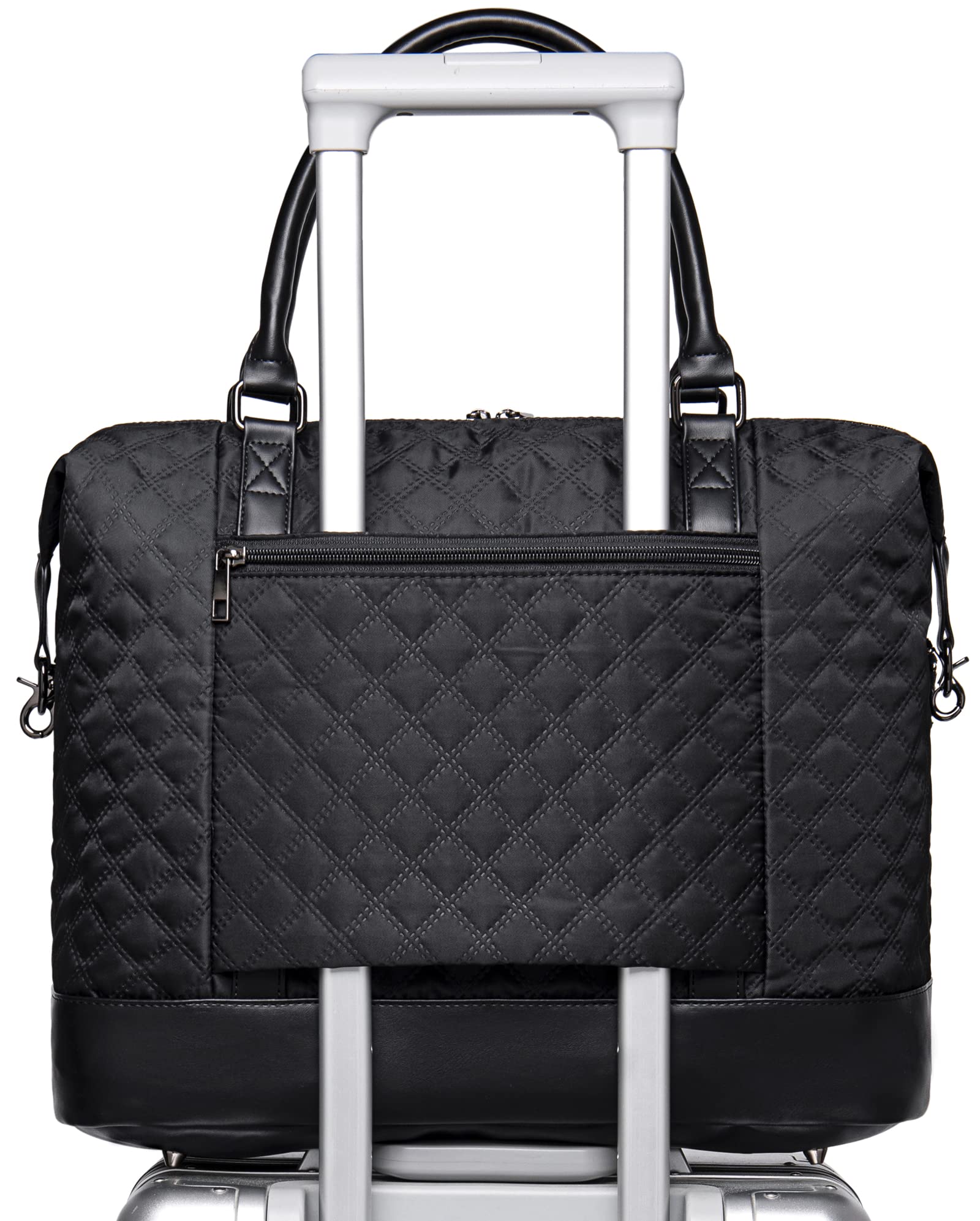 Women Ladies Weekender Carry-on Tote Bag Overnight Duffel in Trolley Handle (Quilted black)