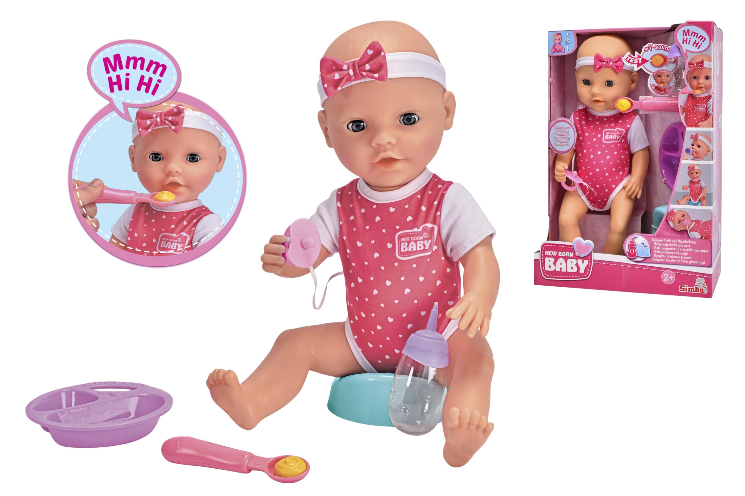 Simba New Born Baby Hungry - Juego de 5 cucharas mágicas con función de Sonido, hidratación y Humedad, 38 cm, a Partir de 2 años