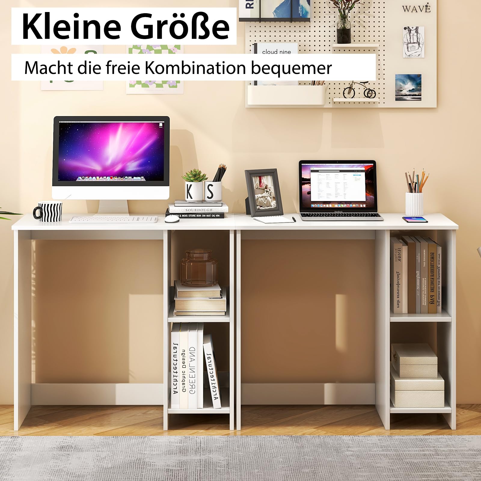 COSTWAY Kleiner Schreibtisch, Computertisch mit 2 Fächern, PC-Tisch, Bürotisch für kleine Räume, weiß, 80 x 40 x 74 cm