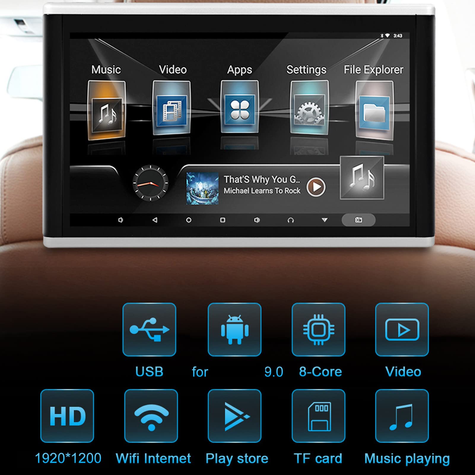Lecteur Vidéo pour Appui-tête de Voiture 9 Pouces, écran IPS 9 Pouces, Support TV, écran Tactile HD 1920 X 1200 IPS, Bluetooth 32 Go, avec émetteur FM Miracast Airplay, p