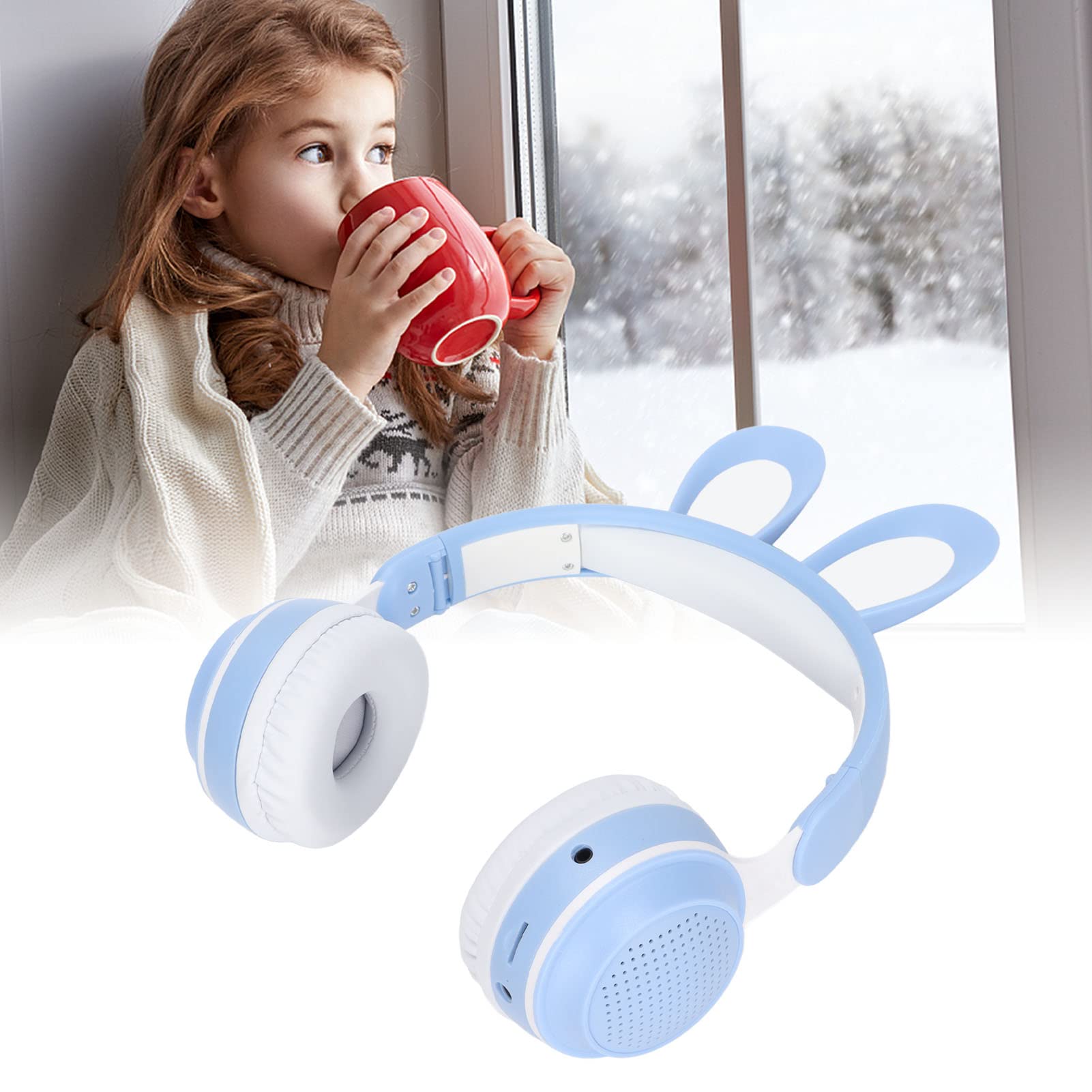 ASHATA Auriculares Bluetooth 5.0 Plegables con Micrófono Cute Rabbit Ear Auriculares Inalámbricos sobre la Oreja para Niños Verdes Adolescentes Adultos, 12 Horas de Tiempo de Escucha, TF/Aux, 7(Azul)
