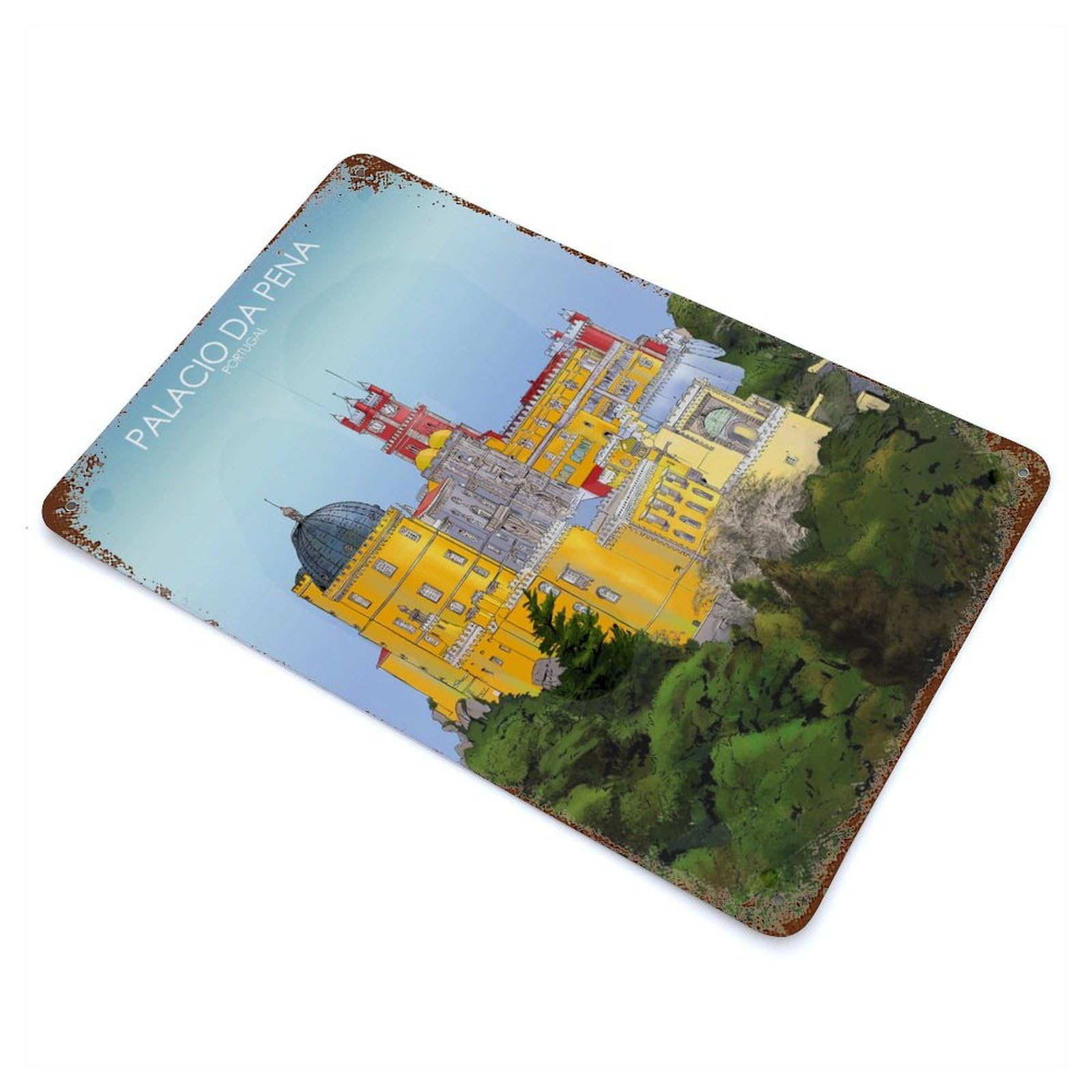 Palacio Da Pena Portugal Vintage Wall Sign 11.8"x7.9", Rust Effect Metal Decor for Bistro, Counter And Cafe Decor