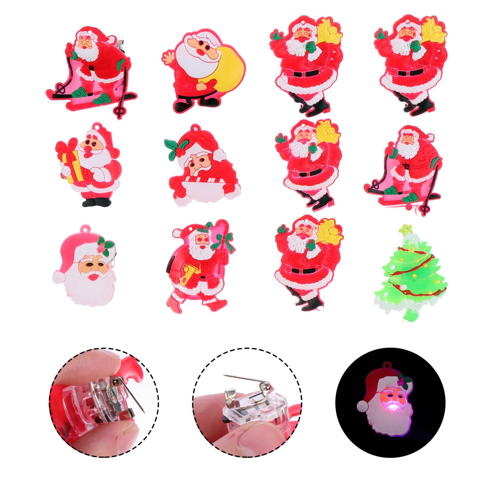 Uonlytech Lot de 12 broches de Noël lumineuses en plastique avec différents motifs de Père Noël et d'hiver pour fête de Noël et décoration festive