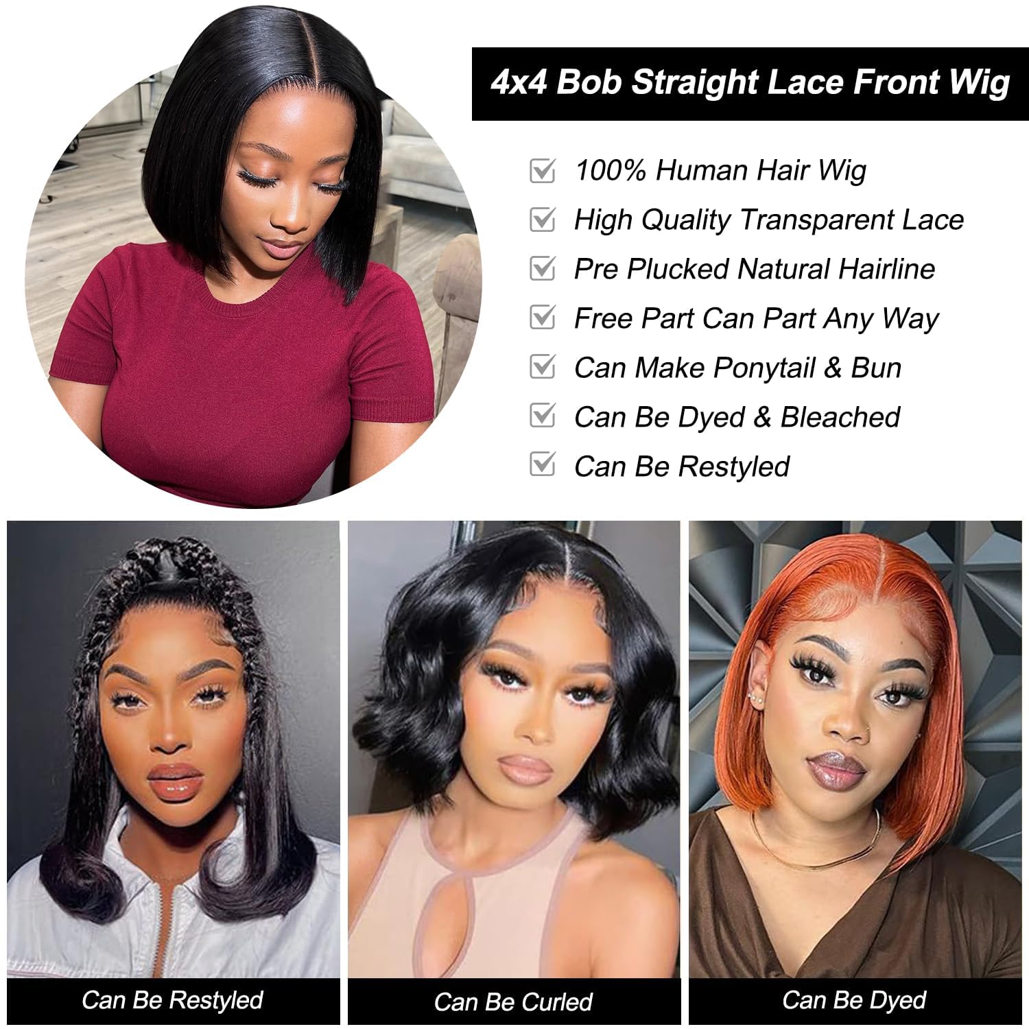 4X4 Bob Human Hair Wig 100% Echthaar Perücke Straight Lace Front Wigs Glueless Wig Human Hair Perücke Damen Echthaar for Black Women 180% Density 10 Zoll (26cm)