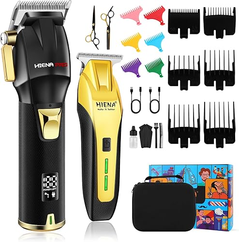 HIENA PRO Kit de peluquería profesional para hombres, juego de corte de pelo, juego de cortadoras y recortadoras inalámbricas recargables, kit de