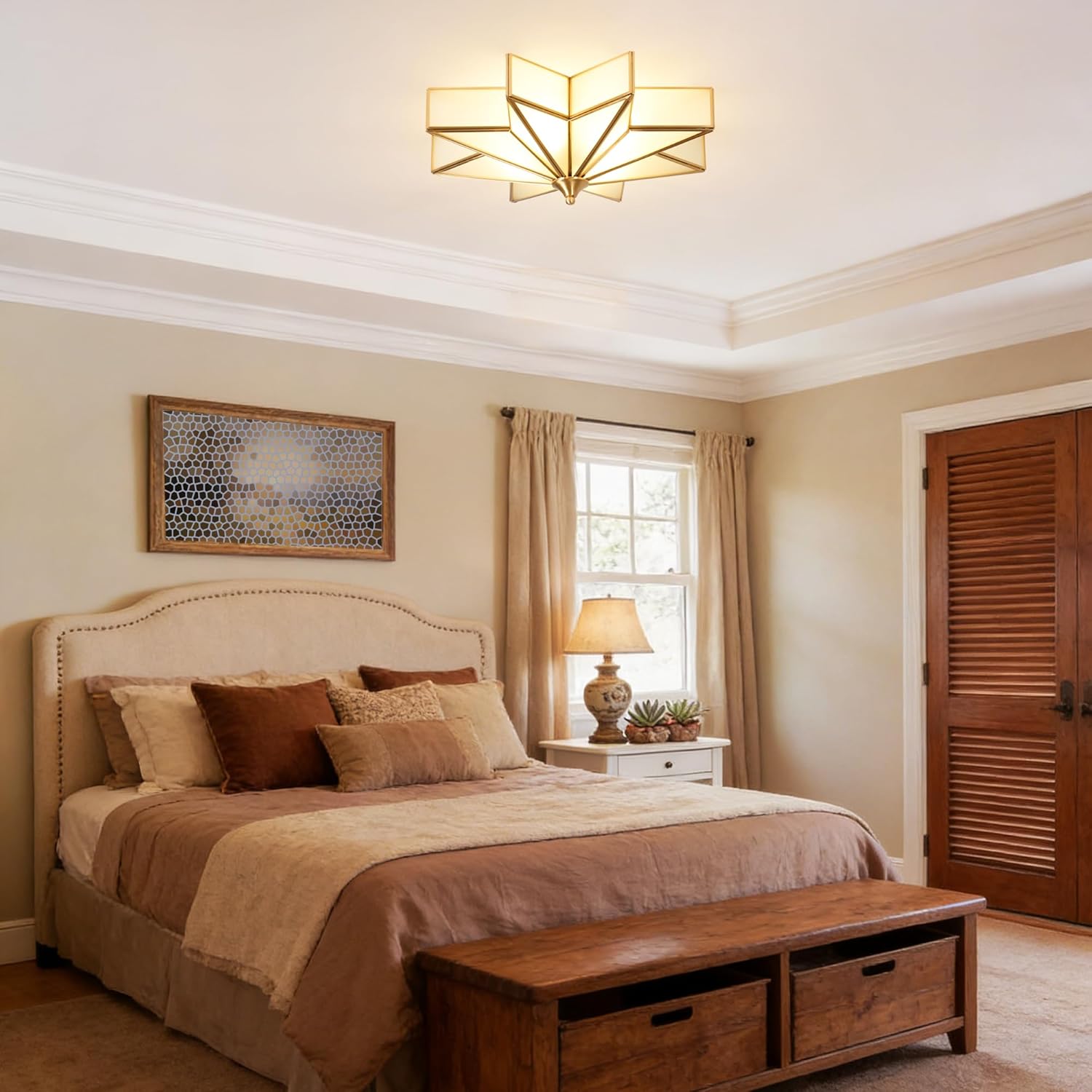 Star Ceiling Light Antique Brass Flush Mount Ceiling Light Fixture with Frosted Glass Shade Mid Century Moravian Star Light for Bedroom Foyer Living Room Frosted Glass 19.7 inches