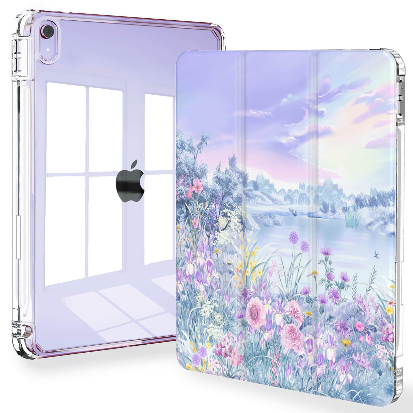 Feams Slim Case for iPad Air 11-inch M3 2025 / M2 2024, iPad Air 5th Generation 2022 / iPad Air 4th Generation 2020 10.9 Inch Case Clear Back with Pencil Holder & Auto Sleep, Puprle Garden