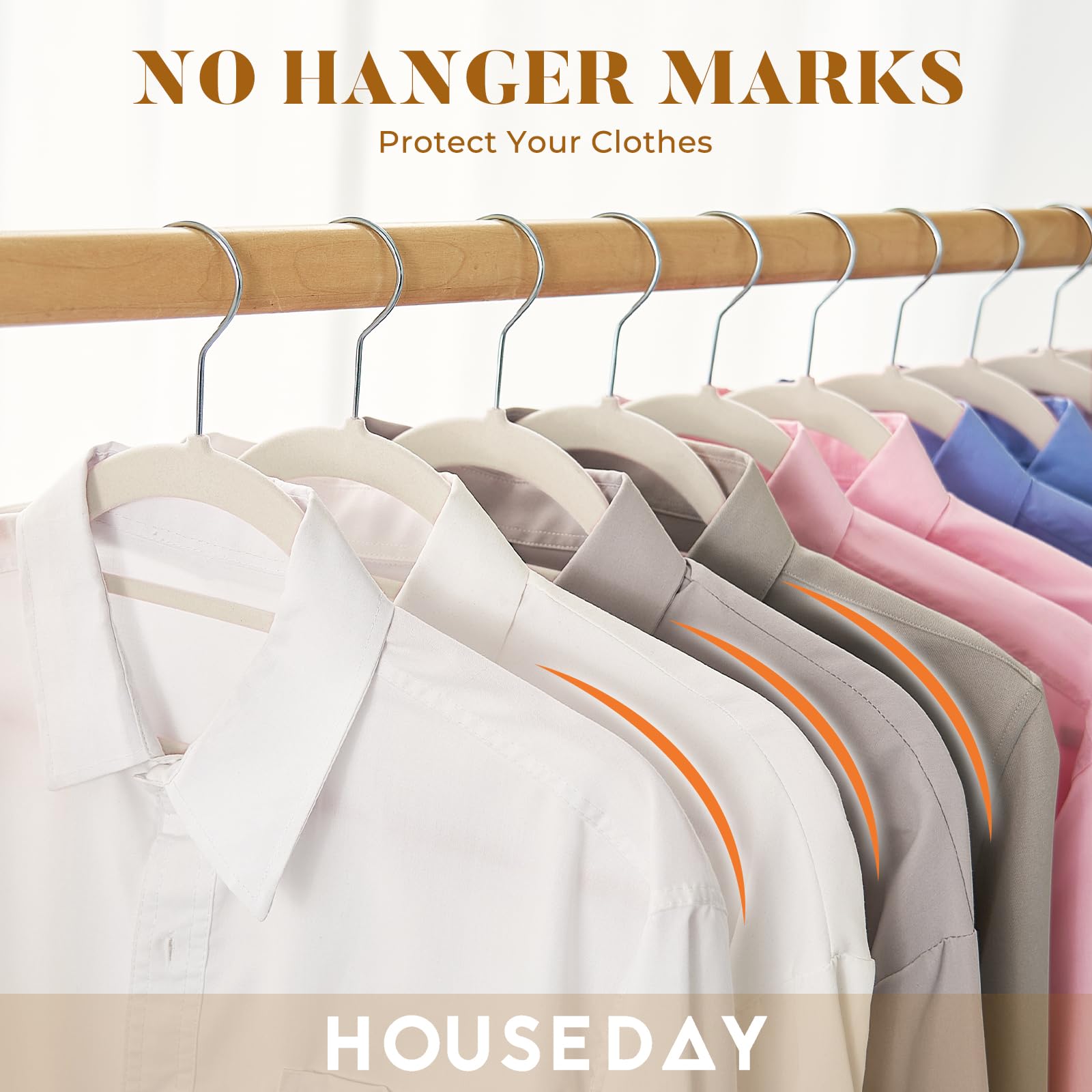 HOUSE DAY Perchas de terciopelo con barra de corbata, paquete de 20 perchas de ropa antideslizantes, ahorro de espacio, perchas de fieltro para pantalones, abrigos, trajes, camisas, bufandas, sin