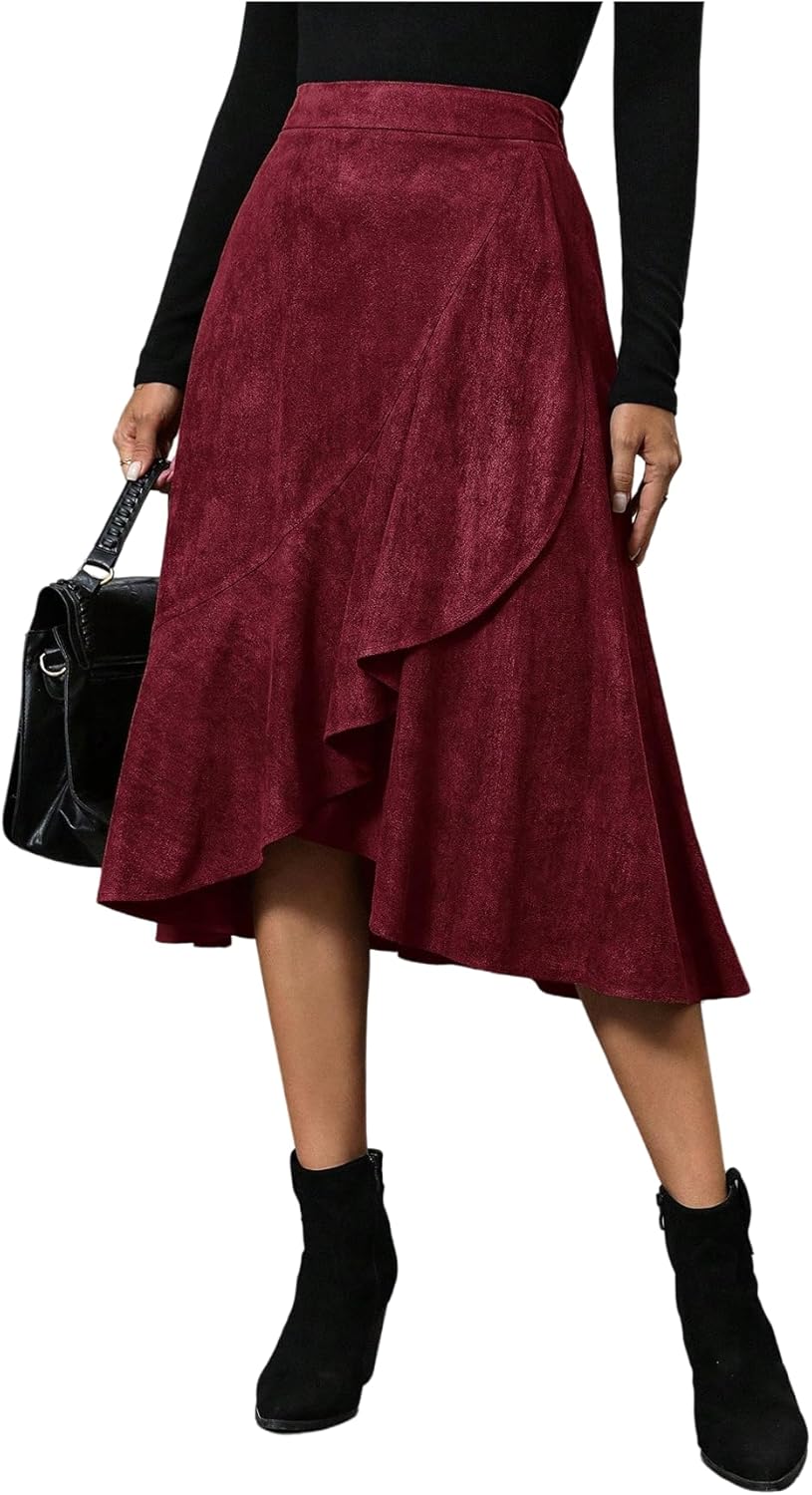 SweatyRocks Women's High Waisted Skirts Asymmetrical Ruffle Flowy Business Casual Work Midi Skirt