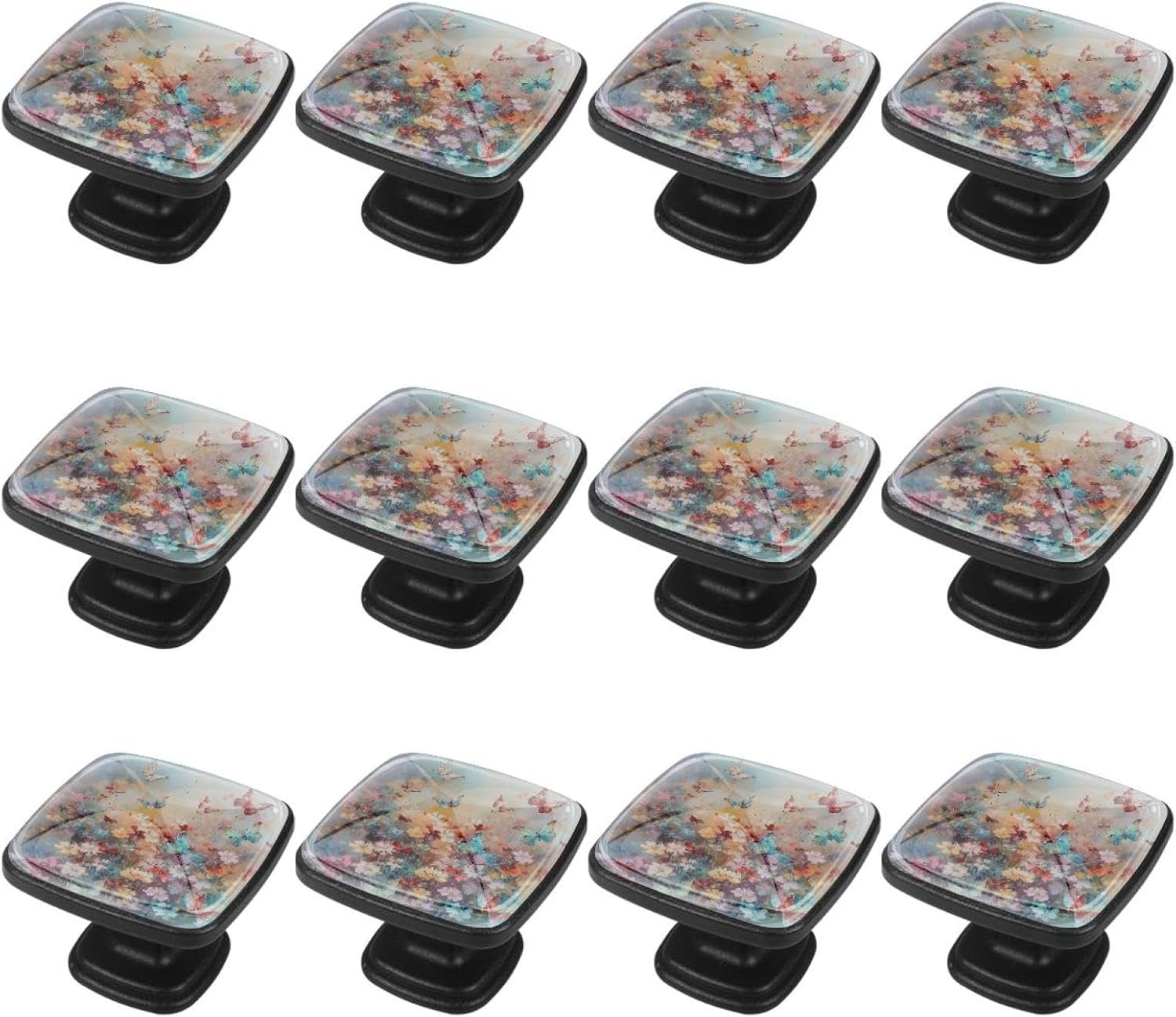 12 Pieces Watercolor Butterfflies and Flowers Glass Knobs for Dresser Drawers, 1.37 x 1.10 in Square Kitchen Cabinet Pulls for Home Office Nursery Kids Room