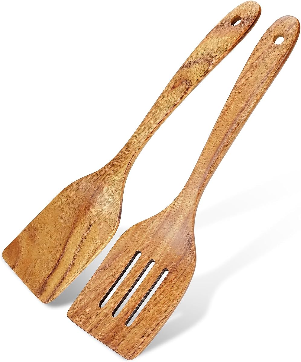 2 Pack Wooden Spatula Set, Handmade Acacia Wood Spatulas for Cooking, Non-Stick Long Handle Flat Frying Spatulas, Professional Kitchen Tools