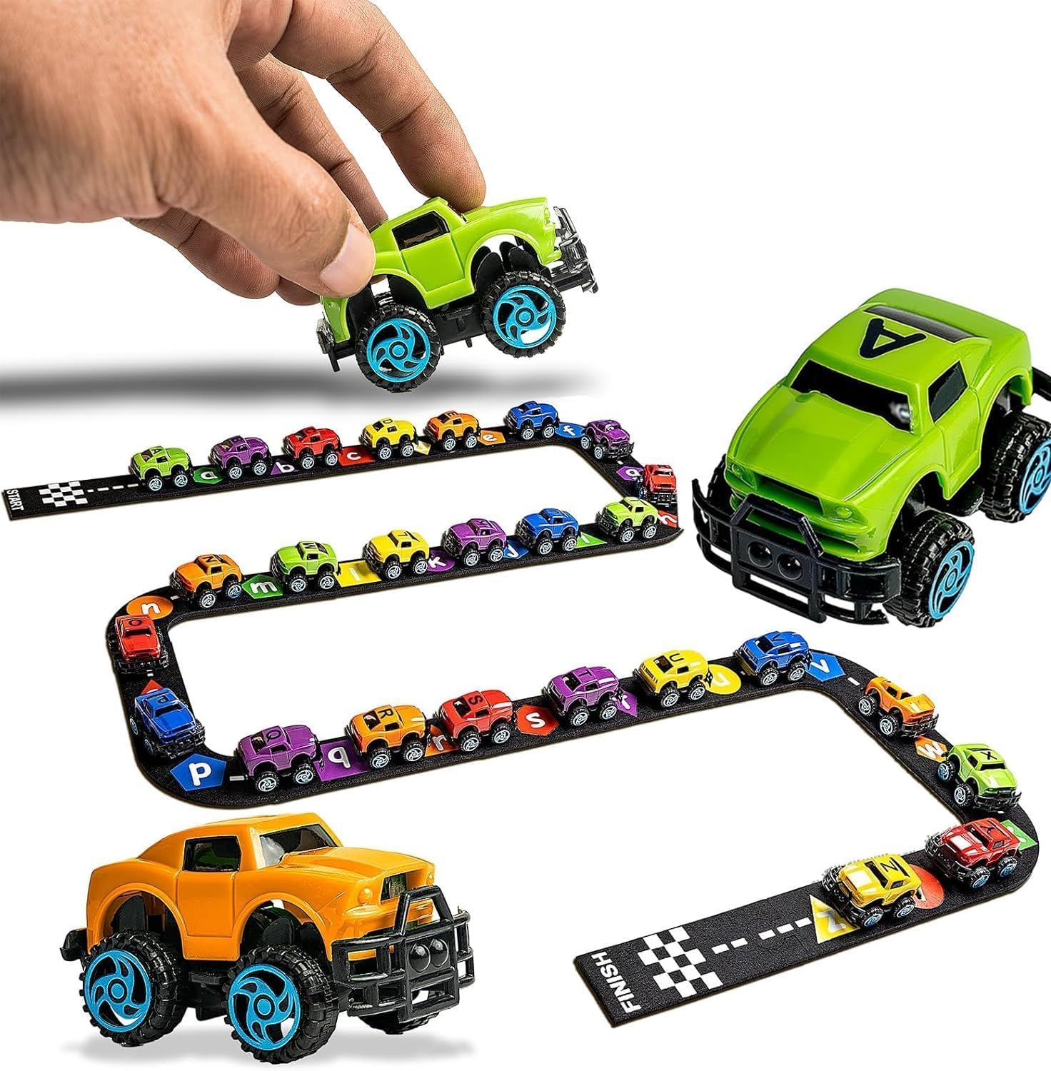 Skoolzy 36-Piece Alphabet Cars - Alphabet Learning Toys with Felt Track Set for ABC Recognition - Ideal Manipulatives for Preschoolers, 3 Year Old Boy Gift, and Toys for 2 Year Old Boys