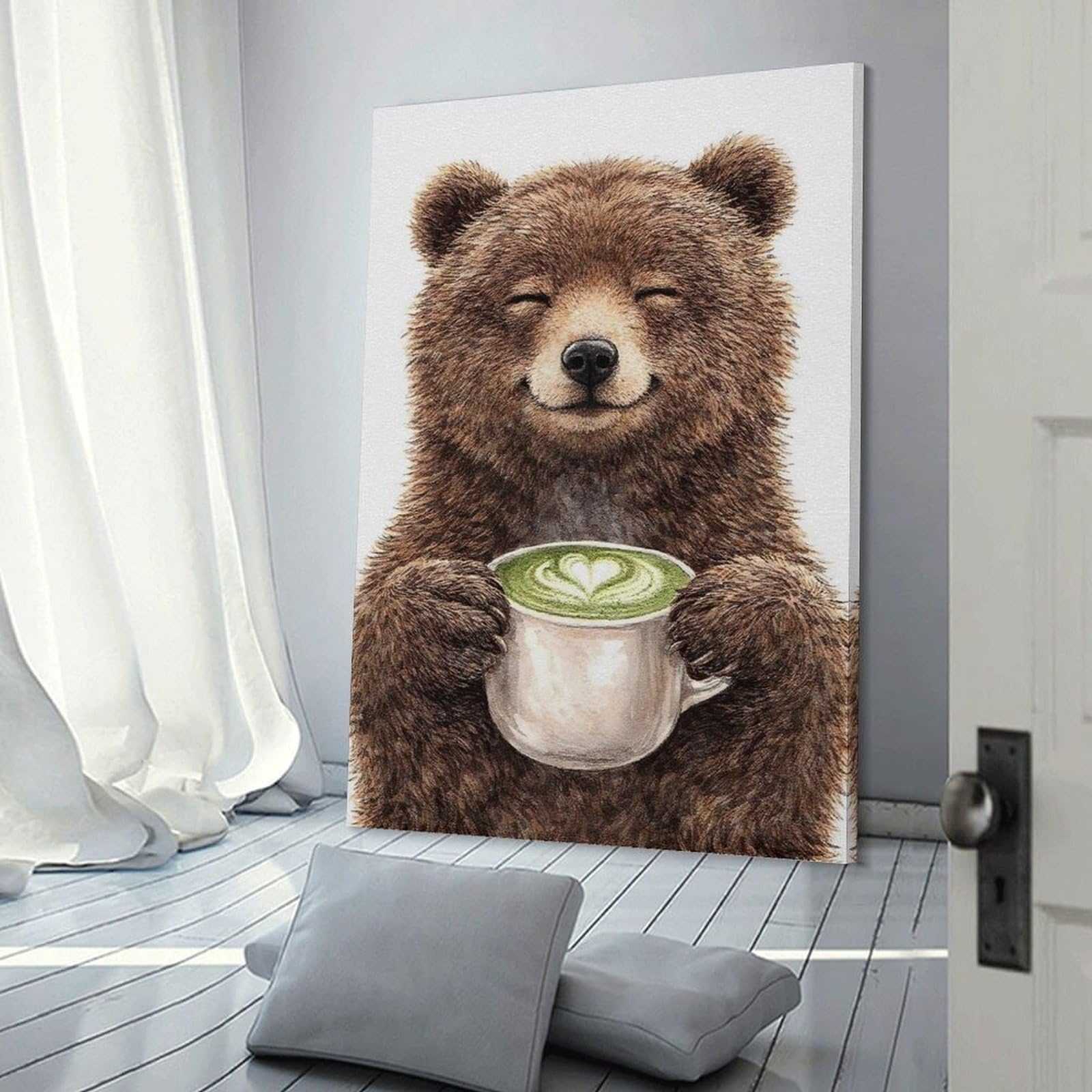 Junmoney Happy Bear with Matcha Latte Wall Decor Canvas Print, 16x24inch(40x60cm), for Living Room, Lounge Or Sitting Room, Easy Decor for Gallery Walls