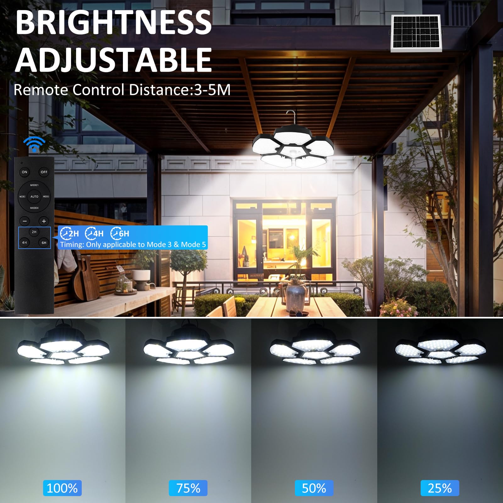 Luce solare per capanno con sensore di movimento, luce per interni con telecomando, 156 LED più luminosi, 5+1 foglie, giorno o notte, impermeabile IP65, per giardino, patio, balcone, fienile, cortile