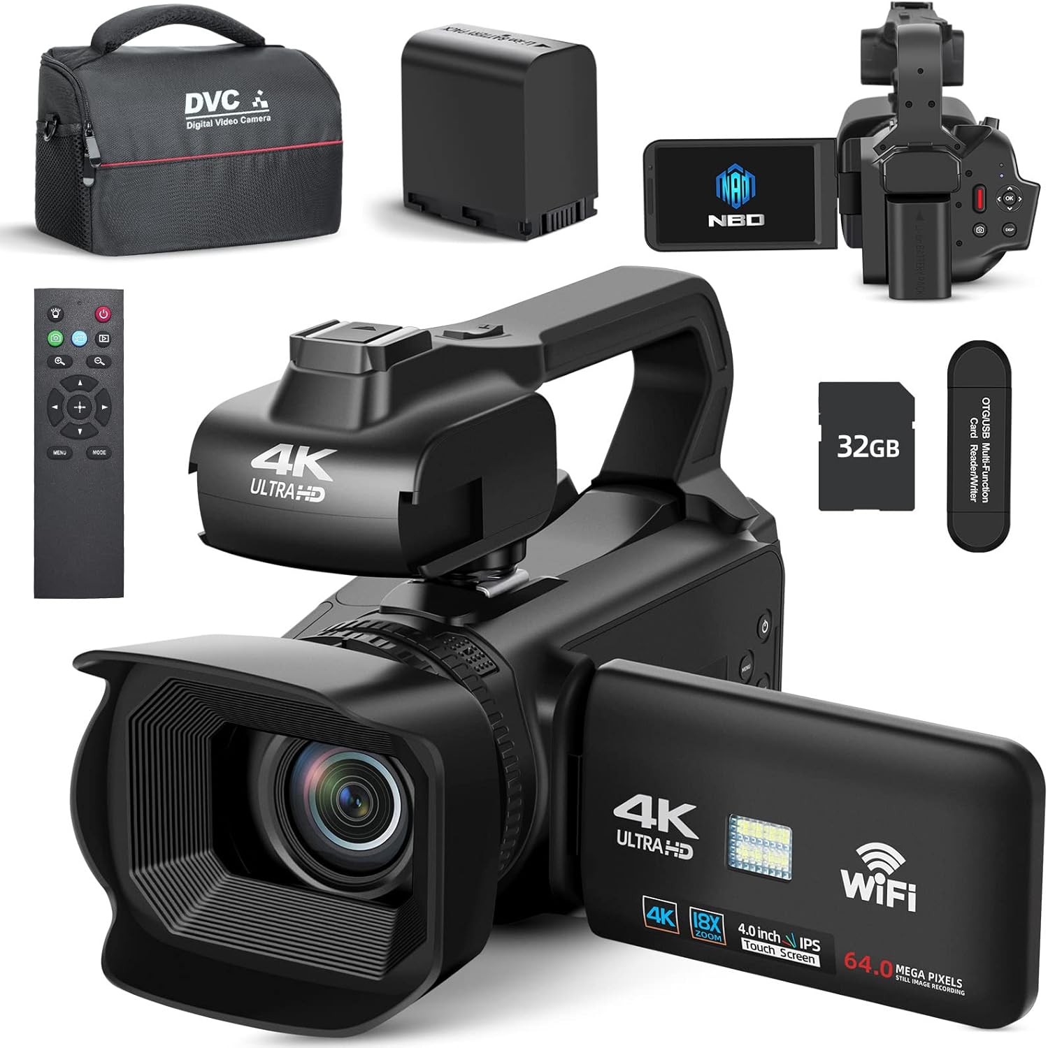 NBD 4K 64MP Videokamera Camcorder Autofokus mit erweiterbarem Handgriff