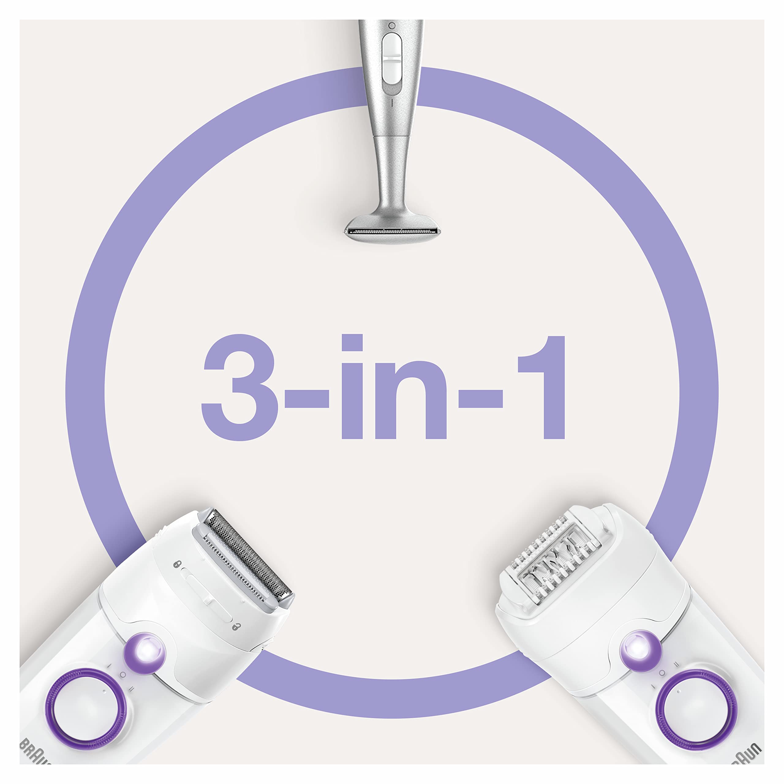Braun Silk-épil 5-825 Power Depilatore Donna, Epilatore Elettrico Donna Per I Primi Utilizzi, Testina Radente, Cappuccio Regolatore E Bikini Styler, Bianco/Viola