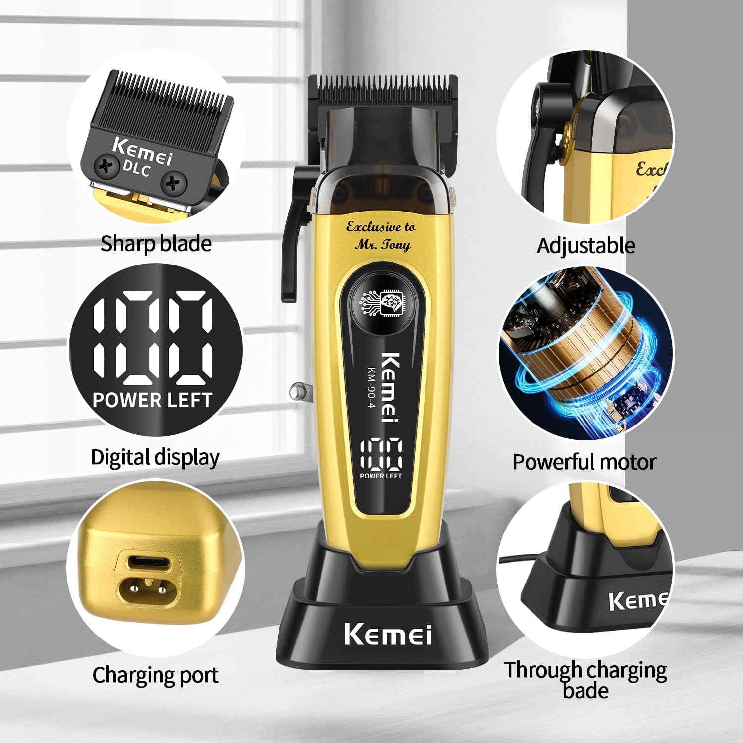 KEMEI Hair Clipper for Men 11500RPM Cordless with LED Display & USB-C Fast Charging, Professional Rechargeable Barber Clippers for Men, Barber/Home Adjustable Blade Hair Cutting Tools KM-90-4 - Image 4