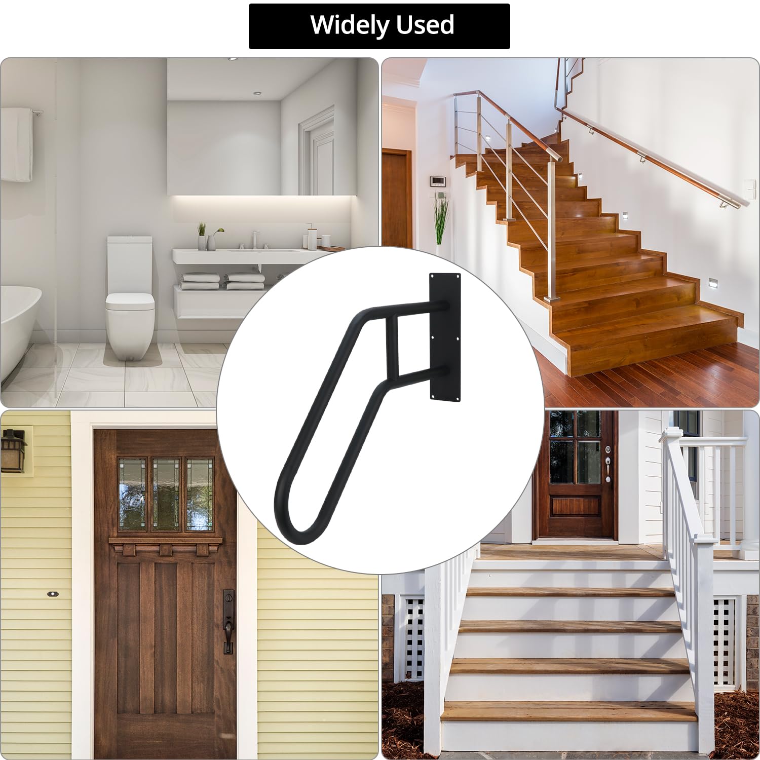 QWORK® Barandillas de seguridad para exteriores de 66 cm, barandillas para 1-3 pasos, manija de seguridad en forma de U, para jardines, hoteles, escuelas, entrada de porches, negro