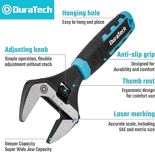 Miniatura 2 de DURATECH Llave ajustable de 8 pulgadas, llave de fontanería de apertura de mandíbula ancha, acero CR-V, SAE y escala métrica marcada, agarre