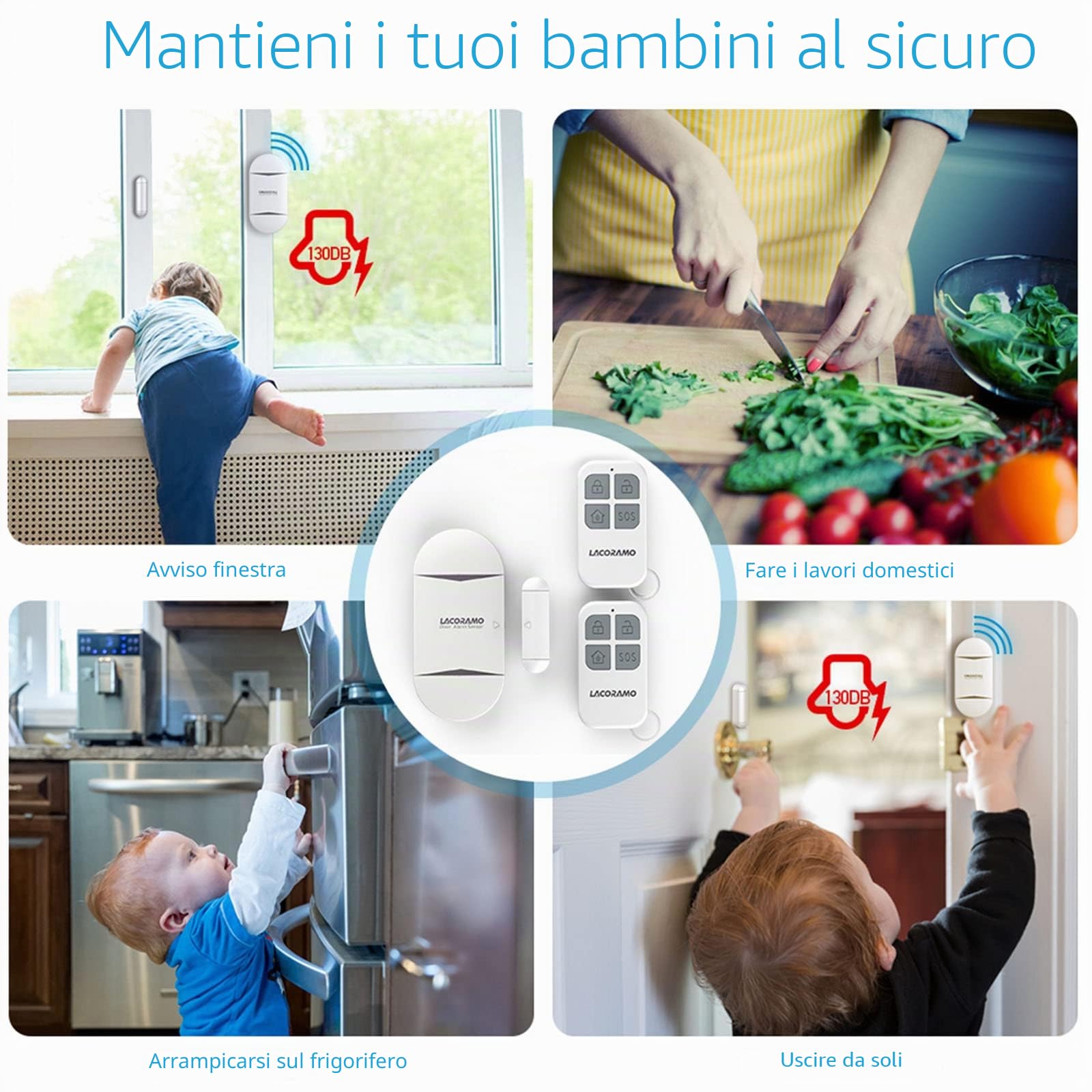 Sensore Di Allarme Per Porte e Finestre 130db Con 2 Telecomandi,Allarme Per Ingresso Magnetico Senza Fili Per Protezione Bambini,Casa,Frigorifero,Negozio (4 Allarme 2 Telecomandi)