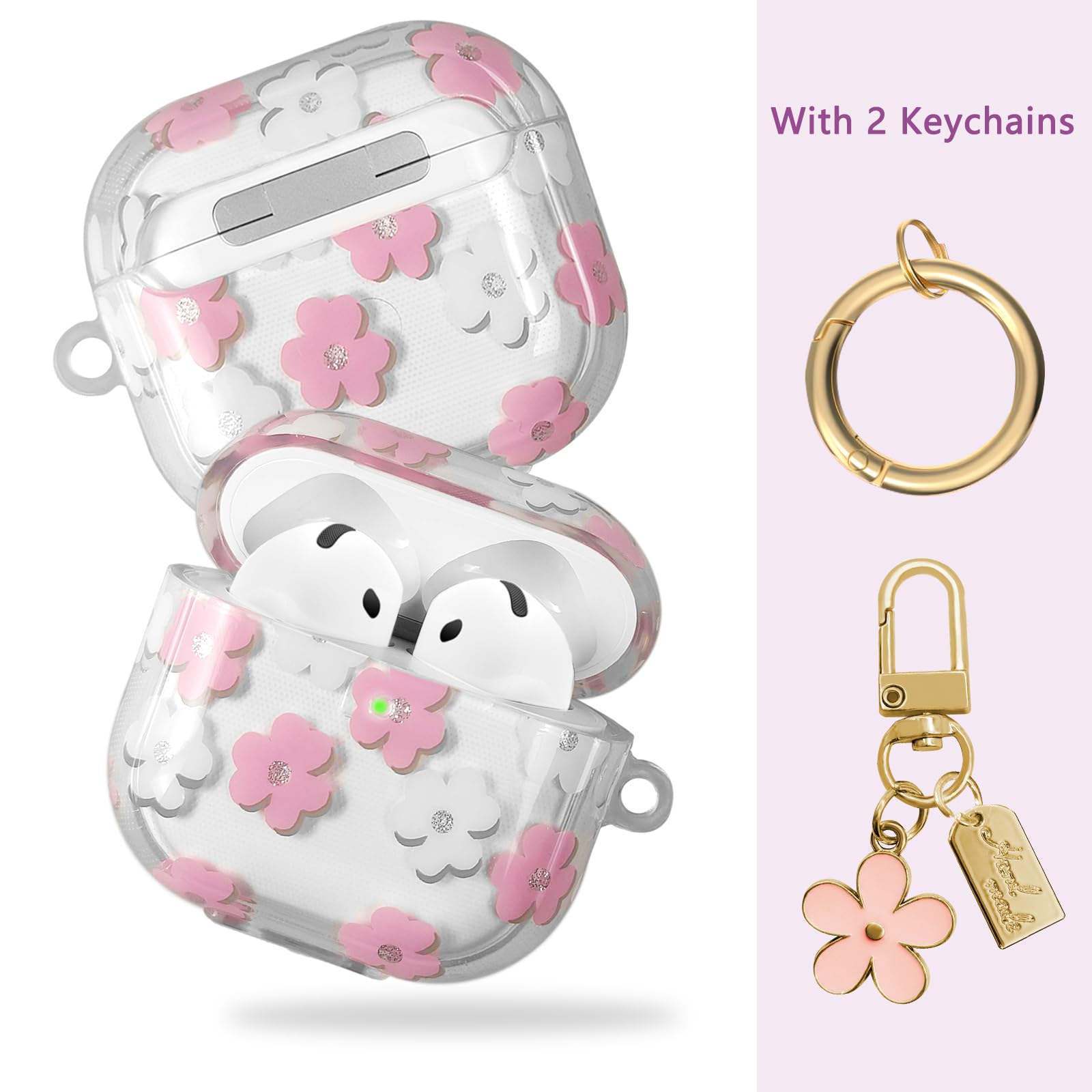 Coque AirPods 4 2024 TPU Souple Motif Floral avec Porte-clés et Kit de Nettoyage Rose
