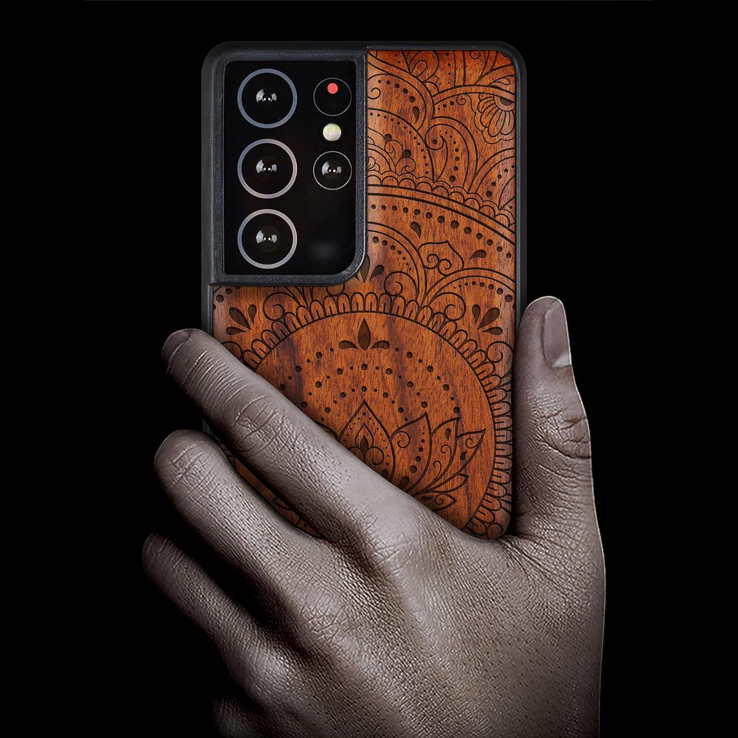 Carveit Wood Case for Galaxy S21 Ultra Case [Natural Wood & Black Soft TPU] Shockproof Hybrid Protective Unique Wooden Cover Compatible with Samsung S21 Ultra (Lotus Mandala Essence-Rosy)